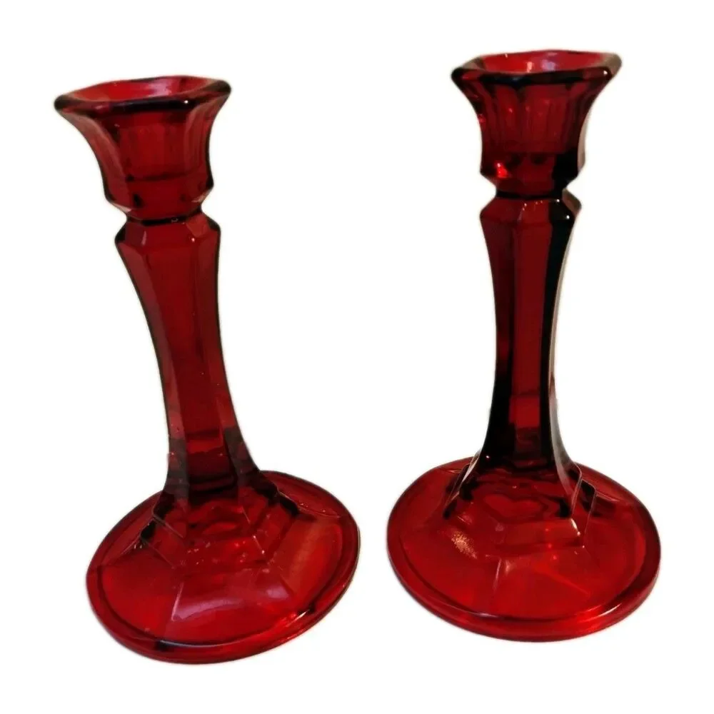 Vintage Indiana Glass Ruby Red Candlesticks for taper candles 6 Inches Tall